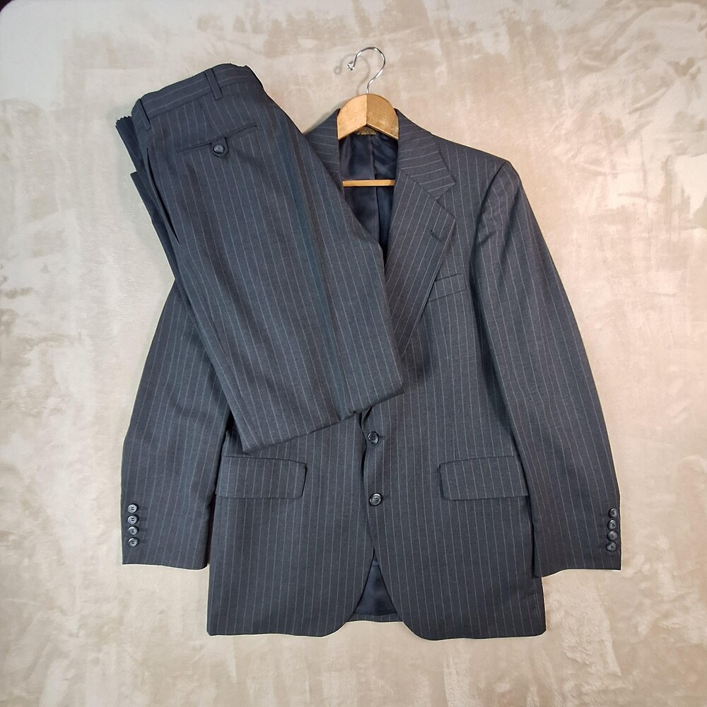 Anderson-Little Suit Mens 40 Long 34W Gray Wool Stripe Single Vent 2 Btn USA